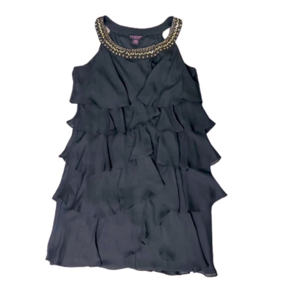 Signature by Robbie Bee Black Tiered Ruffle Sleeveless Dress with Beaded Neck